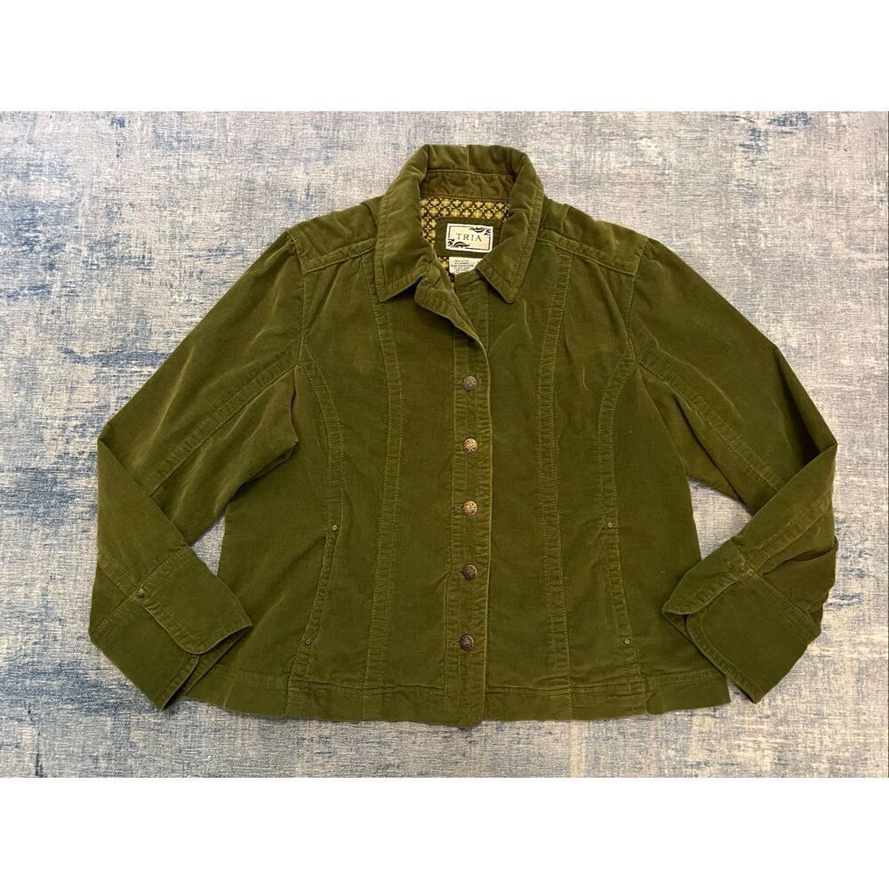 Tria Olive Green Corduroy Button Front Collared Jacket Women's Large